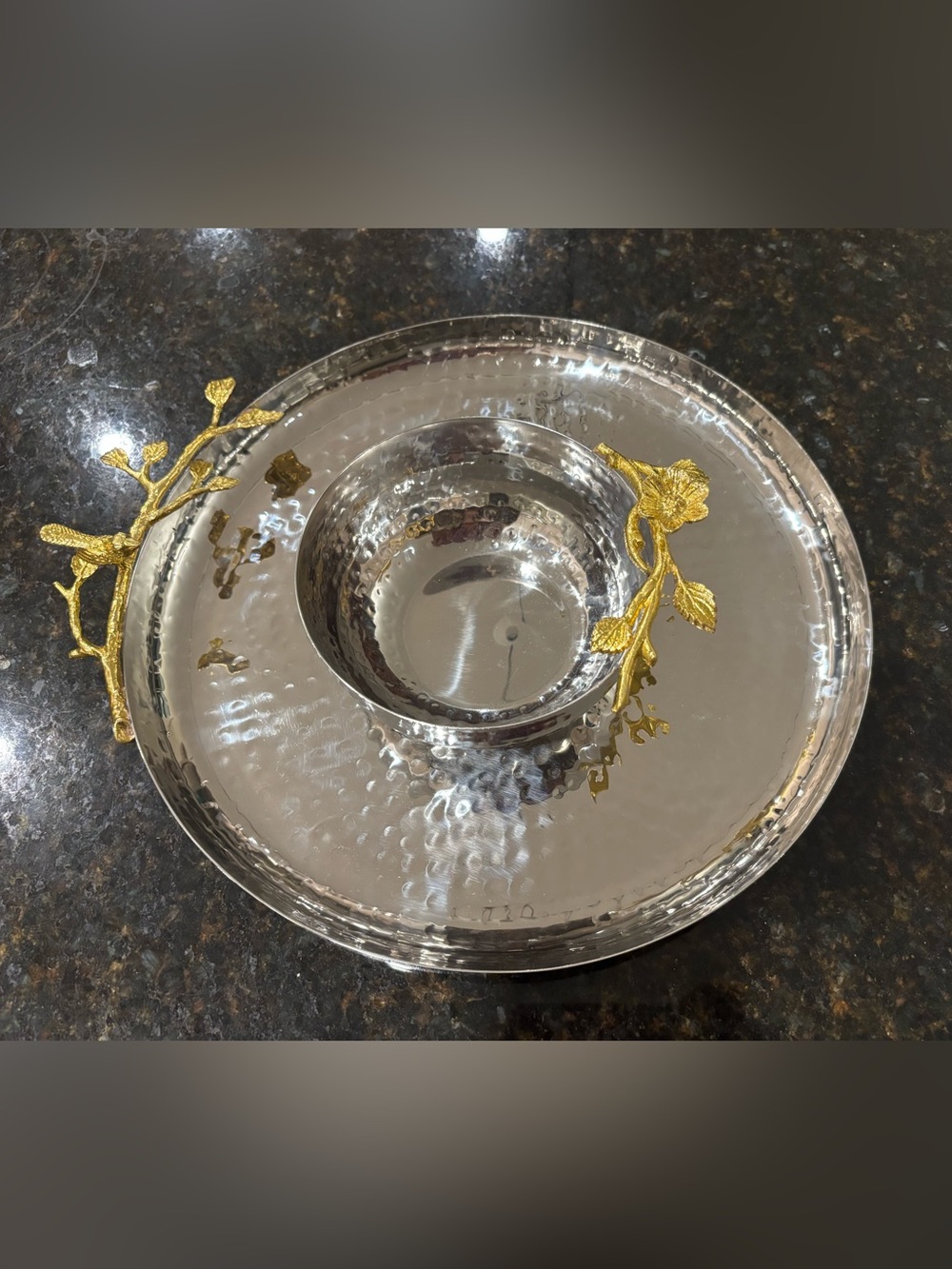 Elegant Stainless & Gold Chip and Dip Round Tray. With flower and bird. NWOT.